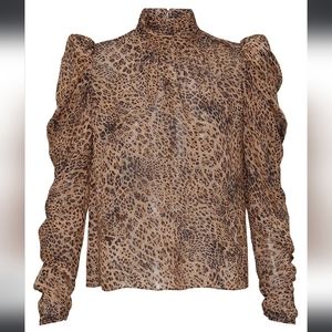 Monique Lhuillier Leopard Print High-Neck Blouse in Tan and Brown